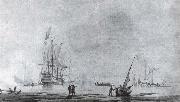A two-decker man-o-war,stern quarter view,and a yacht in a quiet estuary Monamy, Peter